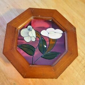 Vintage Hand Painted Glass Top Jewelry Box Floral With Wood Trim
